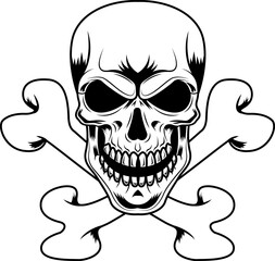 Outlined Skull With Crossbones Pirate Symbol Graphic Logo Design. Vector Hand Drawn Illustration Isolated On Transparent Background