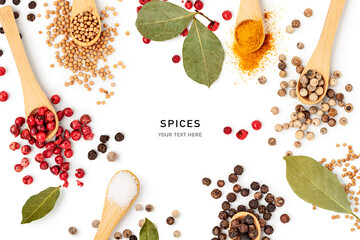 Peppercorns, bay leaf, turmeric, salt and mustard seeds frame isolated on white.