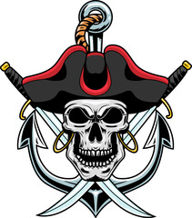 Pirate Skull With Two Sabres Over Anchor Graphic Logo Design. Vector Hand Drawn Illustration Isolated On Transparent Background
