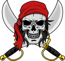 Pirate Skull With Two Sabres Graphic Logo Design. Vector Hand Drawn Illustration Isolated On Transparent Background