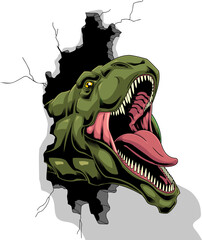 T-Rex Dinosaur Breaks The Wall Graphic Design. Vector Hand Drawn Illustration Isolated On Transparent Background