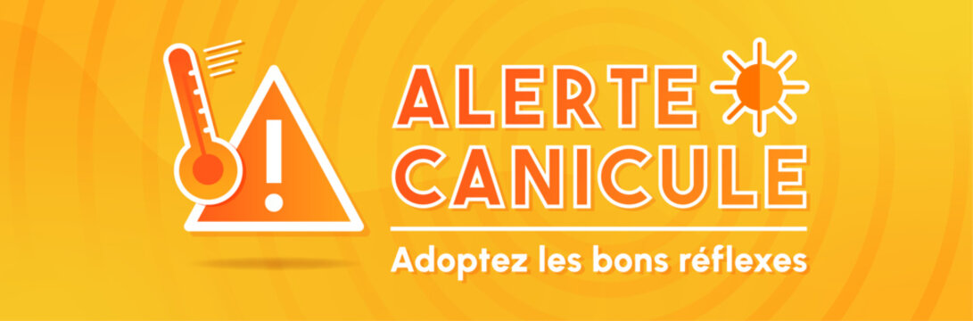 Alerte canicule - Banni&egrave;re autour de la vigilance aux fortes chaleurs - Adoptez les bons gestes - Titre et illustrations vectorielles &eacute;ditables - &Eacute;t&eacute; - Pr&eacute;vention - Alerte