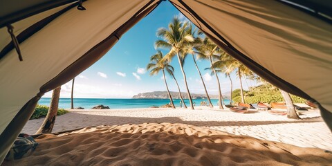 Fototapeta na wymiar AI Generated. AI Generative. Photo realistic illustration of camping tent view on paradise beach with palms. Adventure vacation love romantic couple valentine trip vibe. Graphic Art