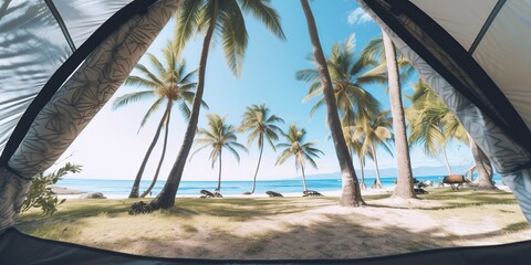 AI Generated. AI Generative. Photo realistic illustration of camping tent view on paradise beach with palms. Adventure vacation love romantic couple valentine trip vibe. Graphic Art