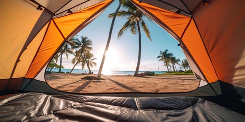 AI Generated. AI Generative. Photo realistic illustration of camping tent view on paradise beach with palms. Adventure vacation love romantic couple valentine trip vibe. Graphic Art