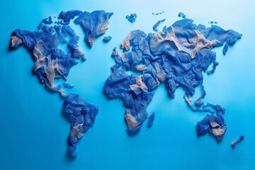 world plastic pollution concept. World map with plastic trash bags on the continents