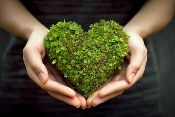 Love Nature and Save the Environment, Hands holding green heart shaped leaf