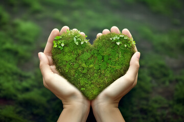 Love Nature and Save the Environment, Hands holding green heart shaped leaf - obrazy, fototapety, plakaty