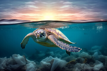 Fototapeta na wymiar Plastic pollution in the ocean around the turtle