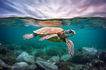 Fototapeta na wymiar Plastic pollution in the ocean around the turtle