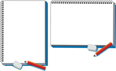 横と縦のスケチブックと鉛筆と消しゴム