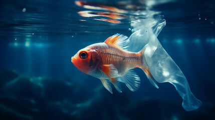 fish caught in a plastic bag in the sea