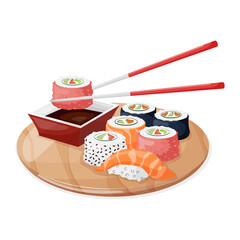 A colorful set of different types of sushi on a bamboo tray.Cartoon isolated bamboo plate with chopsticks and rolls with rice.