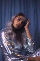 Fototapeta premium Woman in silver sequins dress. Generative AI