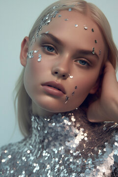 Closeup of woman with rhinestones on face. Generative AI