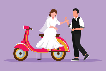 Character flat drawing married riders couple trip travel relax. Romantic honeymoon moments sitting and talking on motorcycle. Man with woman holding hand on scooter. Cartoon design vector illustration