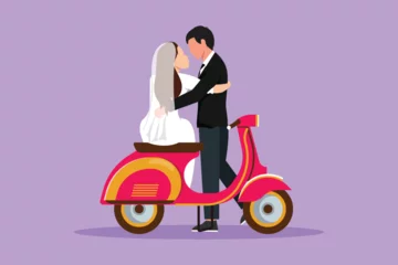 Foto op Plexiglas Graphic flat design drawing married couple with wedding dress kissing on motorbike. Wife and husband with scooter, amorous relationship. Romantic road trip, journey. Cartoon style vector illustration © onetime