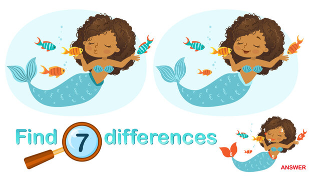 Logical game for children education. Find the differences in the picture. Illustration of beautiful girl mermaid