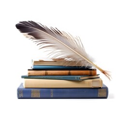 Old books and quill pen on white background. Generative AI