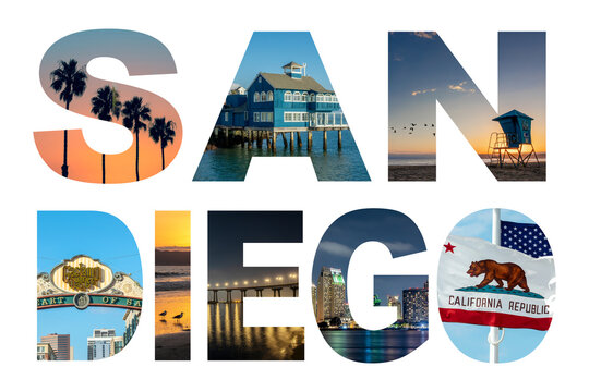 Letters SAN DIEGO, iconic landmarks photo collage isolated on transparent background, png file