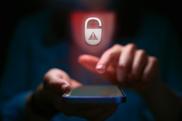 Close Up Of Woman Using Mobile Phone With Security Padlock Overlay On Black Background