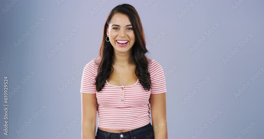 Poster Face, smile and woman with a surprise, excited and happiness against a grey studio background. Portrait, female person and model shocked, news and announcement with facial expression, omg and wow