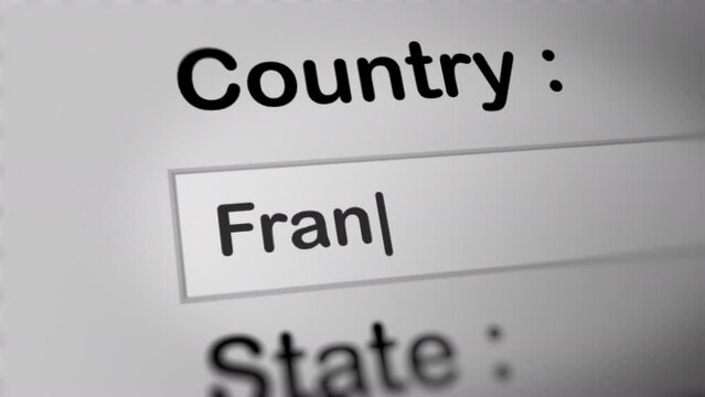 Animation of Someone Typing "France" into Country Field ,  Fictitious Data Created Exclusively for This Concept Footage
