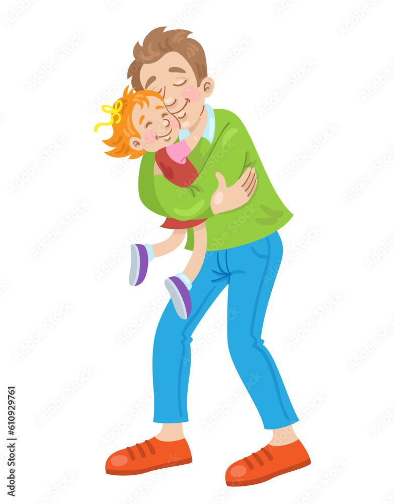 Wall mural Happy father holds his little daughter in his arms. They stand hugging. In cartoon style. Isolated on white background. Vector flat illustration