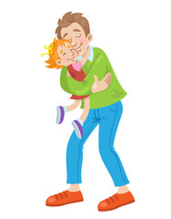 Happy father holds his little daughter in his arms. They stand hugging. In cartoon style. Isolated on white background. Vector flat illustration