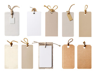 Blank Price gift label note sign tag with string. Many assorted different range types isolated on transparent background cutout. PNG file. 