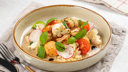 Portion of gourmet dish with ptitim and seafood