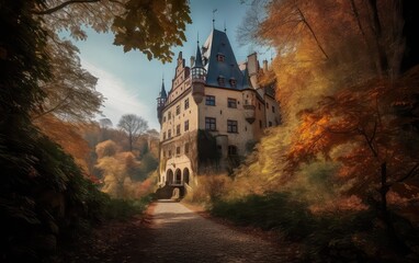 Fototapeta na wymiar City castle on the hill in autumn. Generative AI.