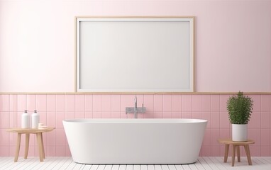 Fototapeta na wymiar Modern pink bathroom interior with bathtub. Generative AI.