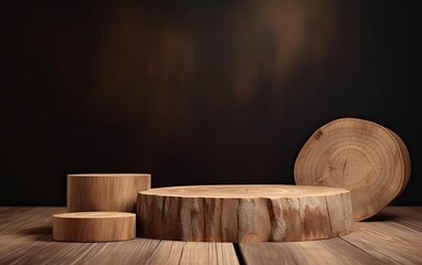 Wooden barrel product display podium in the dark background. Generative AI.