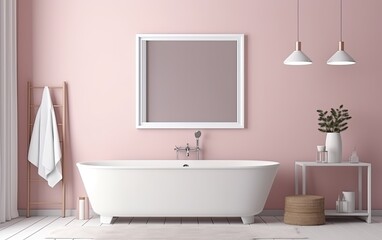 Fototapeta na wymiar Modern pink bathroom interior with bathtub. Generative AI.