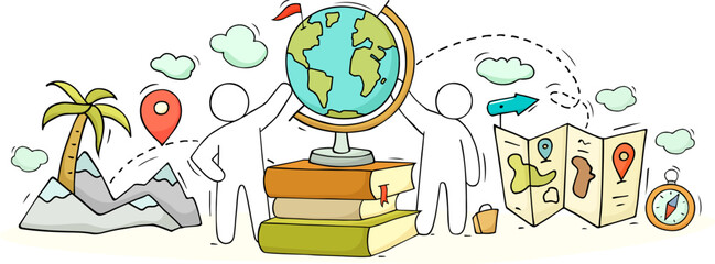 Doodle people, world globe map and books © sapunkele