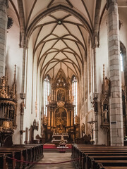 Interior of St. Vitus Cathedral in Cesky Krumlov, Czech Republic. Gothic cathedral interior