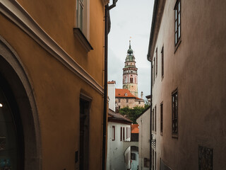 Cesky Krumlov street, view of the castle tower. Czech Republic