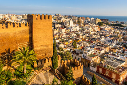 The Alcazaba of Almeria, a fortified complex in southern Spain, constrution of defensive citadel. Almeria, Andalusia, Spain.