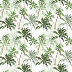 Watercolor seamless pattern with palm trees. Tropical print on a white background. Palm trees, tropics, exotic wildlife. Design for textiles, stationery, beach holiday theme.