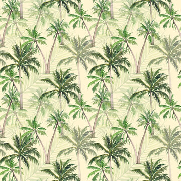 Watercolor seamless pattern with palm trees. Tropical print on a white background. Palm trees, tropics, exotic wildlife. Design for textiles, stationery, beach holiday theme.