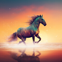 Sunrise Beach Galloping - Majestic Horse Stock Illustration for Generative AI