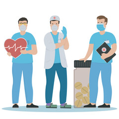 color set of three masked medics in vector