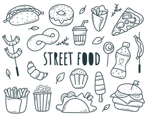 Hand drawn street food set. Fast food ink sketch. Simple food snack takeaway doodle style, isolated vector illustration