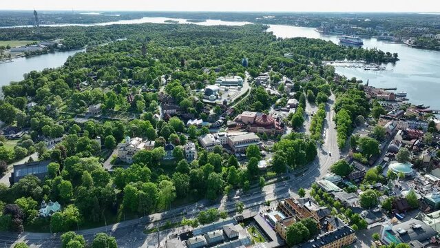 Djurgarden island in Stockholm Sweden - Full panoramic summer aerial view with waterways seen around island