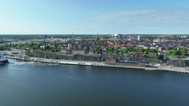Fjallgatan street with Viking lines port in Sodermalm Stockholm Sweden - Ersta Hospital and panoramic city view background