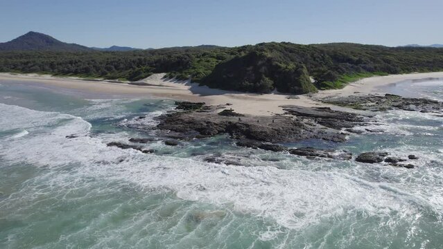Picturesque Landscape Of Wenonah Head In Urunga, NSW, Australia  - aerial pullback