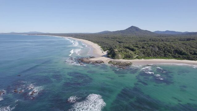 Idyllic Scenery Of Wenonah Head At Daytime In Urunga, NSW, Australia - aerial pullback