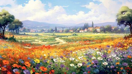 Landscape of beautiful flower field for painting style. Generative Ai