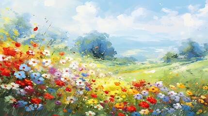 Obraz na płótnie Canvas Landscape of beautiful flower field for painting style. Generative Ai